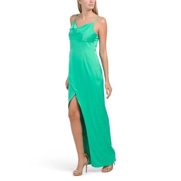 Aidan Mattox women Cowl Neck Satin Knit Long Column Gown size 2 Flora Green $220 - Picture 2 of 9